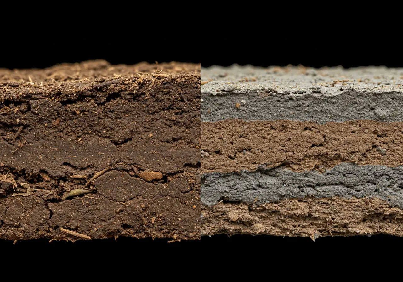 A clear visual comparison showing a cross-section of healthy, loose soil structure next to a cross-section of heavily compacted soil. The healthy side shows dark, crumbly earth with visible pores, root channels, and maybe an earthworm tunnel. The compacted side shows dense, compressed layers with few visible air pockets and potentially flattened roots near the surface.