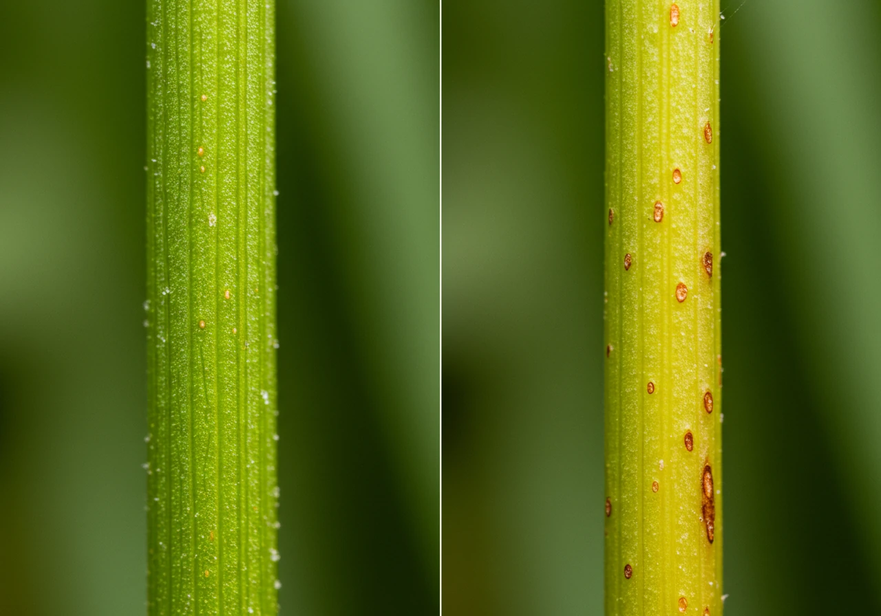 A visually contrasting split image or side-by-side close-up showing two plant stems. On one side, a vibrant, healthy green herbaceous stem, looking sturdy and thriving. On the other side, a stem from the same type of plant that is yellowing, slightly limp, and possibly showing small brown spots, clearly indicating stress or poor health. The focus should be sharp on the stems' texture and colour differences against a slightly blurred garden background.