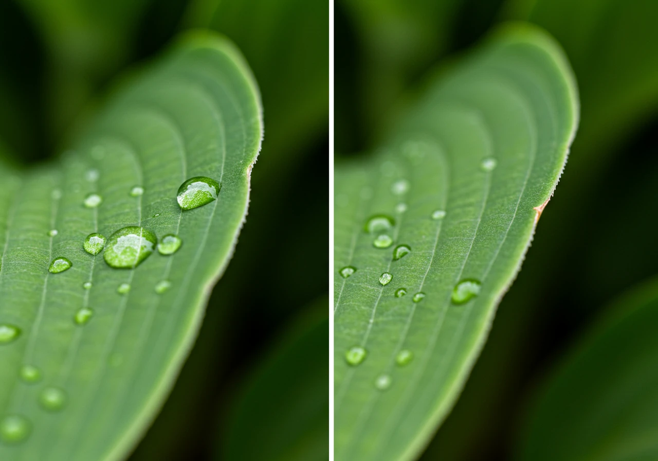 A high-resolution, side-by-side macro comparison of two leaf margins from the same plant type (e.g., Hosta or Maple). The left side shows a healthy, vibrant green leaf edge, smooth and turgid. The right side shows a leaf edge exhibiting *early* water stress: a very subtle inward curl, slight dullness in texture, and the beginning of a faint tan or brownish crispness just at the very tip or along a small section of the edge. The focus should be sharp on the edges, highlighting the subtle differences.