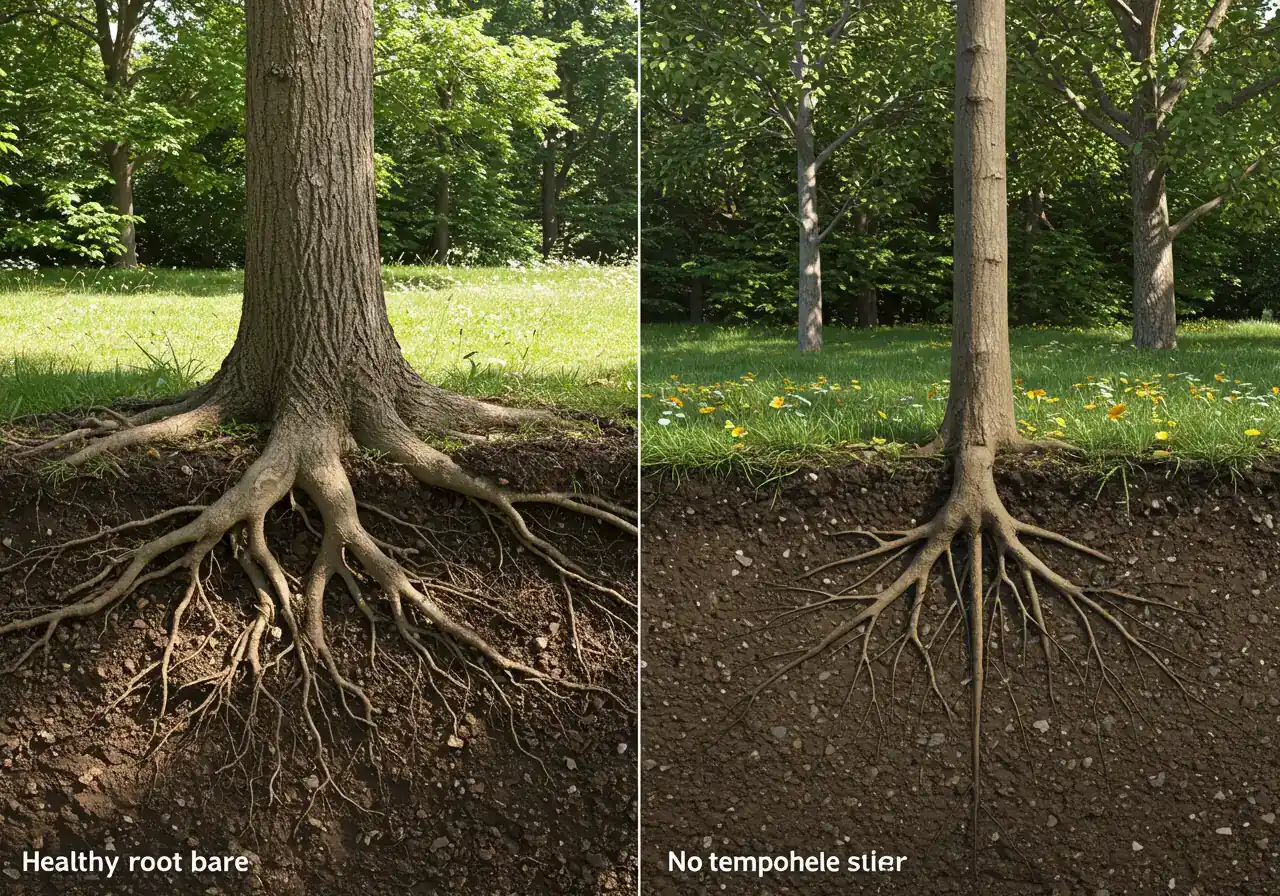 A clear visual comparison: On the left, the base of a healthy deciduous tree showing the distinct, gentle flare where the trunk widens just before entering the soil, with the soil line slightly below the flare. On the right, the base of a similar tree looking like a straight post entering the ground, with soil and dark mulch piled high against the bark, burying the flare.