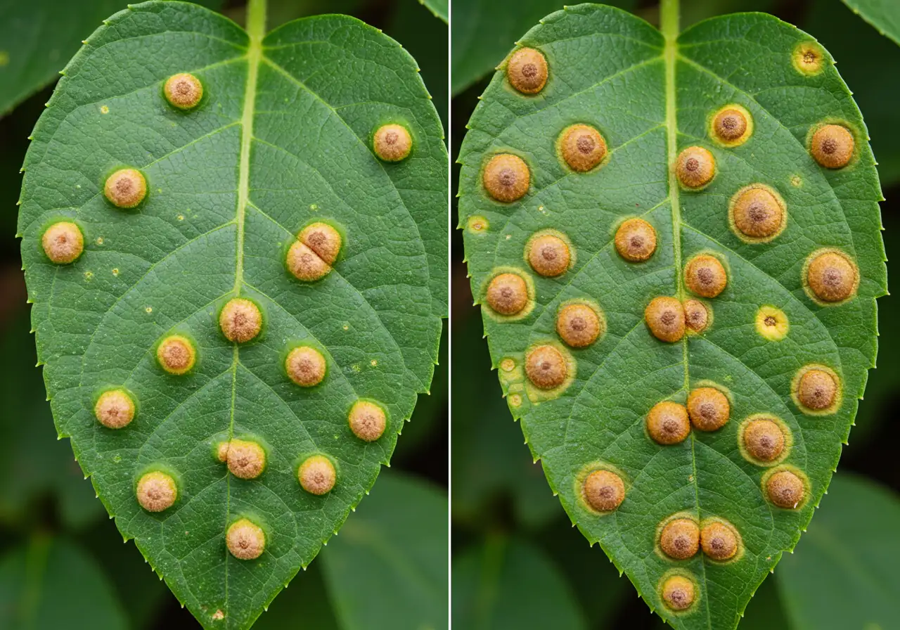 A close-up image comparison of two leaves from the same type of plant. The leaf on the left is healthy, vibrant green, and unblemished. The leaf on the right displays symptoms that could be mistaken for a nutrient deficiency but are clearly caused by a common disease, such as distinct circular brown spots with yellow halos (fungal leaf spot) or powdery white patches (powdery mildew). This highlights the importance of differentiating deficiency from disease.