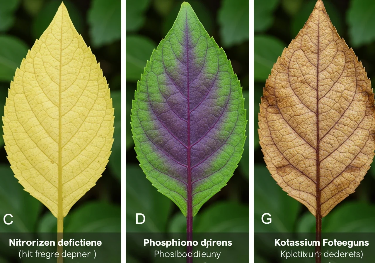 A clear, side-by-side comparison showing three distinct plant leaves, each exhibiting the classic symptoms of one of the 'Big Three' macronutrient deficiencies. The first leaf shows overall pale yellowing characteristic of Nitrogen (N) deficiency, emphasizing older leaves. The second leaf displays a purplish tinge, particularly on the underside or edges, typical of Phosphorus (P) deficiency. The third leaf demonstrates Potassium (K) deficiency with distinct yellowing or browning starting at the leaf margins (crispy edges), progressing inwards, primarily on older foliage.