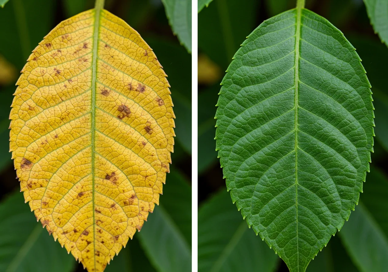 A side-by-side comparison image showing two visually distinct leaves illustrating common nutrient deficiency patterns. The left leaf is an older leaf exhibiting generalized yellowing, indicative of Nitrogen deficiency. The right leaf is a younger leaf showing pronounced yellowing specifically between the still-green veins (interveinal chlorosis), characteristic of Iron deficiency. Both leaves should appear to be from a similar plant type, presented against a simple, unobtrusive background.