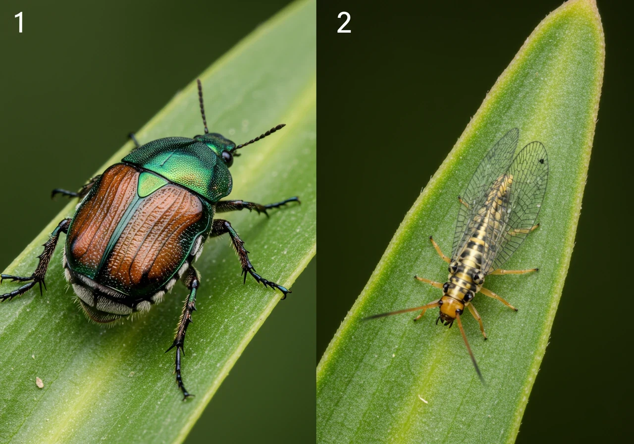 A split-image or side-by-side close-up comparison. One side features a clear view of a common garden pest mentioned, like a metallic Japanese beetle on foliage. The other side features a clear view of a beneficial insect, like a lacewing larva or ground beetle, on similar foliage. This visually contrasts 'foe' and 'friend' without needing labels.