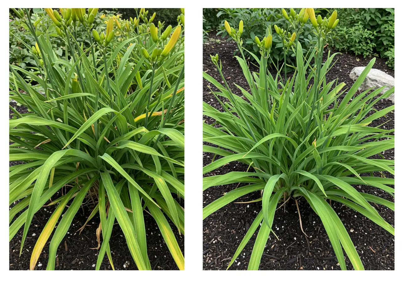 A clear visual comparison showing the 'before' and 'after' of thinning a perennial clump. The left side shows a dense, overcrowded clump (like Hostas or Daylilies) where leaves are tightly packed, indicating poor airflow. The right side shows the same type of plant after being thinned or divided and replanted, with visible space between stems/plants, allowing air circulation, and healthy mulch visible on the soil surface.