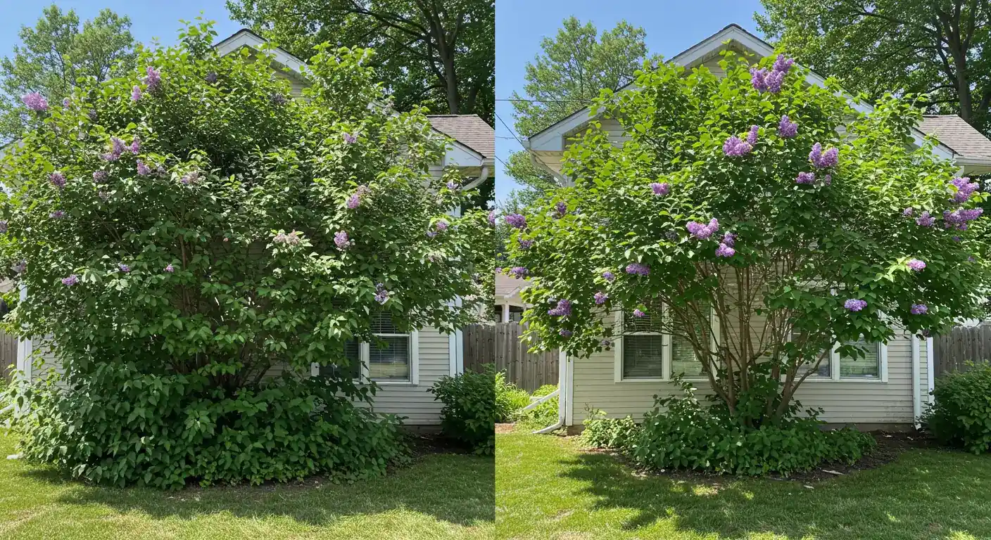 A split image or side-by-side comparison. Left side shows a large, severely overgrown deciduous shrub (like a lilac or spirea) that is blocking a walkway or window, looking dense and shapeless. Right side shows the same type of shrub, but healthy, well-shaped, and appropriately sized after successful renovation pruning, with visible space around it and fresh green growth.