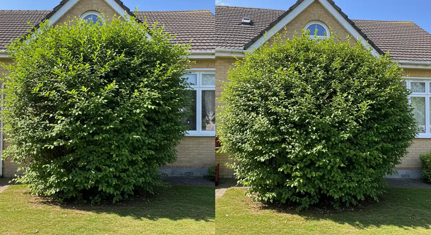 A side-by-side comparison showing an overgrown, messy shrub partially blocking a house window on the left, and the same type of shrub neatly pruned, healthy, and well-shaped on the right, enhancing the home's appearance. This visually reinforces the article's core premise of renewal.