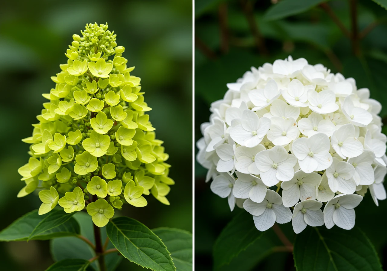A visually clear comparison showing the distinct flower head shapes of the two main hydrangea types discussed. On one side, a cone-shaped Panicle hydrangea bloom (like 'Limelight', perhaps starting lime green). On the other side, a large, round Smooth hydrangea bloom (like 'Annabelle', typically white). Both should be healthy, in-focus examples against a soft, natural garden background.