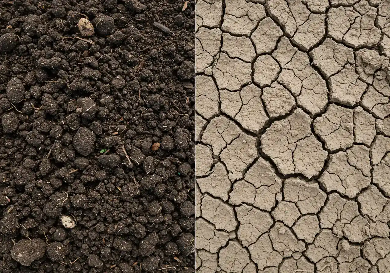 A visually contrasting image showing two distinct soil types side-by-side. On one side, dark, crumbly, rich loam representing good soil structure with visible aggregates and porosity. On the other side, pale, hard, cracked clay soil representing poor, compacted structure.