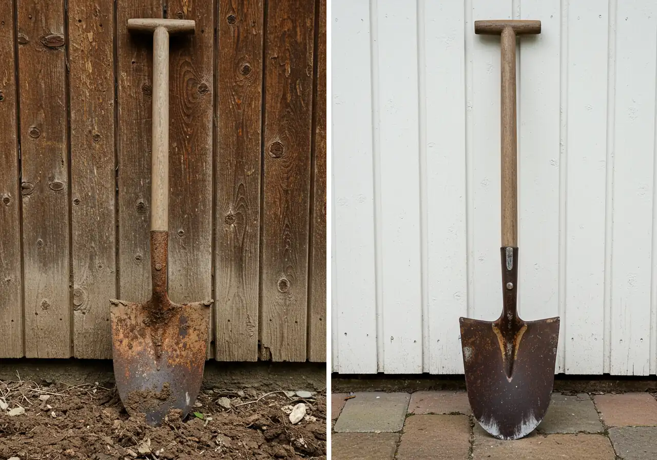 A compelling visual contrast between a neglected, rusty garden spade covered in dried mud and a meticulously cleaned, oiled, and sharpened spade ready for storage. This illustrates the 'before and after' benefit of fall tool care.