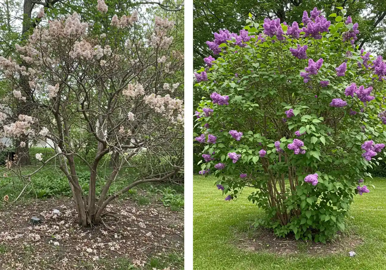 A split image or two contrasting photos side-by-side. The left side depicts an old, overgrown lilac bush: dense with thick, woody, greyish stems, sparse foliage concentrated at the top, very few visible flowers, looking leggy and tangled. The right side shows a healthy, well-maintained lilac bush: vibrant green foliage throughout, abundant clusters of rich purple flowers, a balanced shape with visible younger stems originating from the base, thriving in bright sunlight.