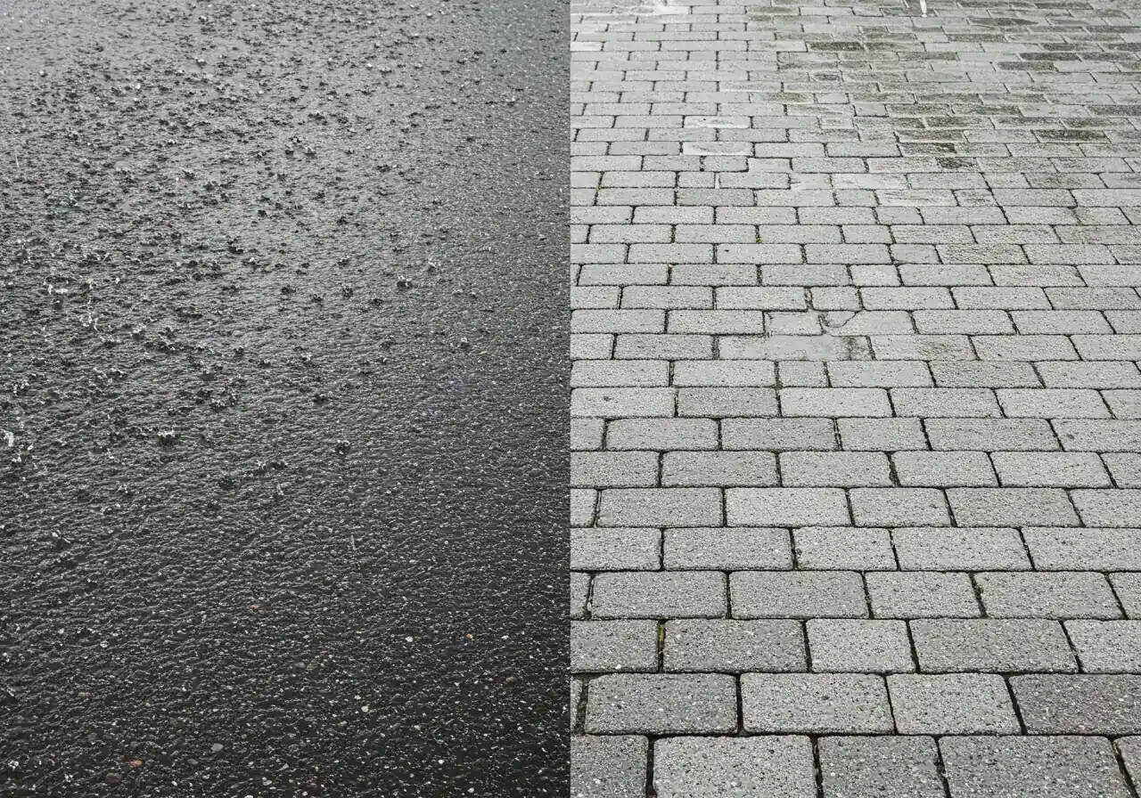 A split-view or side-by-side comparison image. One side shows rainwater pooling significantly on a traditional, non-permeable paved surface (like asphalt or tightly packed pavers). The other side shows rainwater actively soaking into the joints of permeable pavers during a shower, with minimal surface pooling.