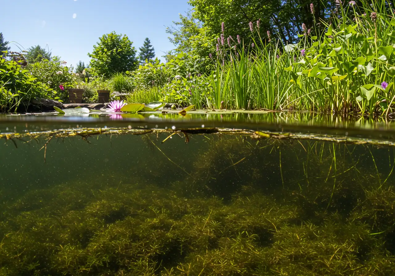 A vibrant underwater and surface view of a healthy pond ecosystem showcasing the different types of plants working together. Clearly visible are submerged oxygenating plants below the surface, floating water lily pads providing shade on the surface, and tall emergent plants like pickerel weed rising from the shallow edges.