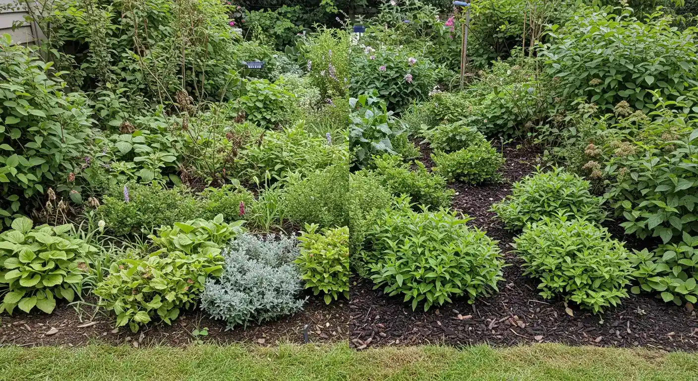 A visual comparison within a single garden bed. One half shows perennials and small shrubs planted extremely close together, appearing tangled, stressed, with some lower leaves yellowing due to poor light and air circulation. The other half shows similar young plants spaced generously apart, with visible mulch between them, looking healthy, upright, and allowing for clear definition of each plant.