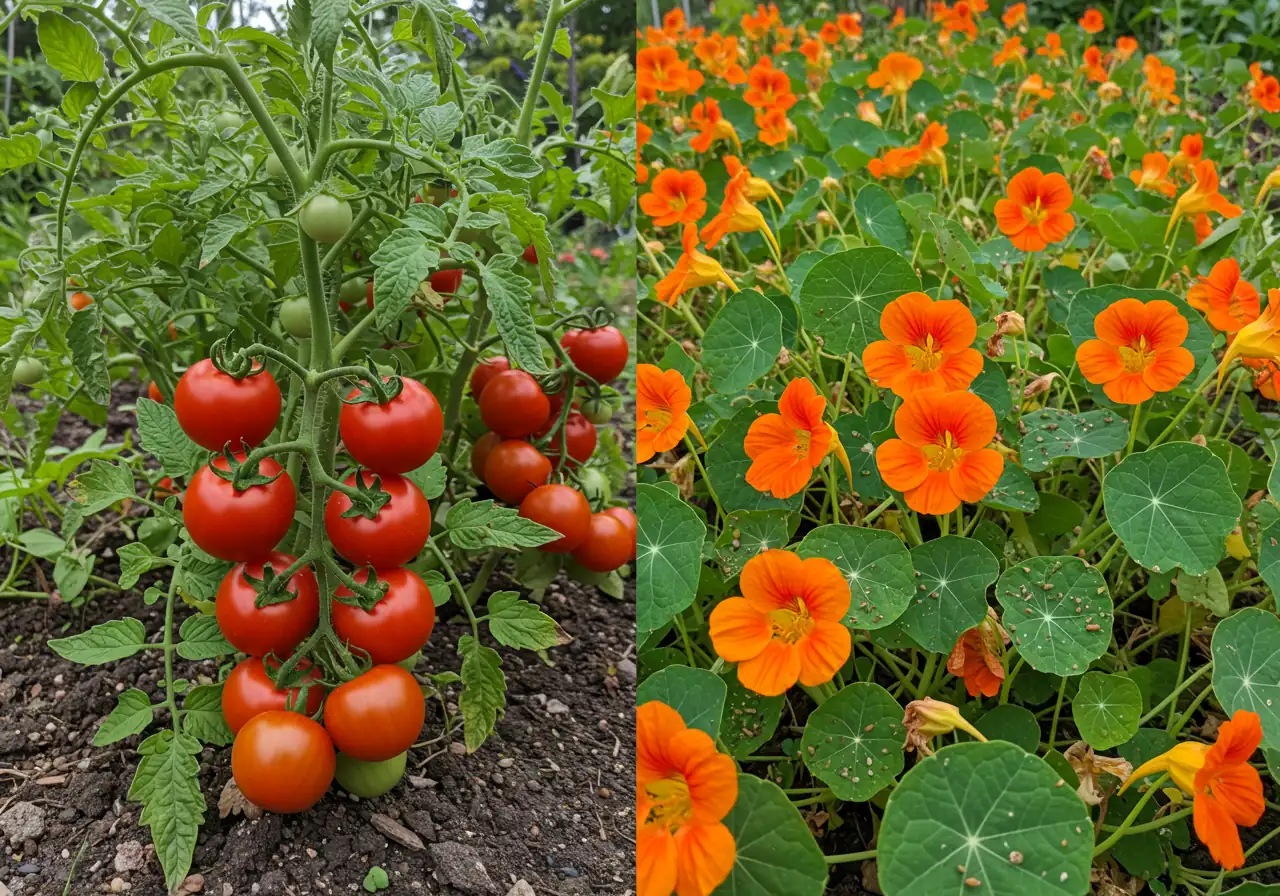 A visual representation of the trap cropping concept. Shows a clear distinction between a protected main crop (like tomatoes) and a nearby sacrificial trap crop (like nasturtiums) visibly attracting pests (aphids). This helps readers immediately grasp the 'lure and sacrifice' idea.