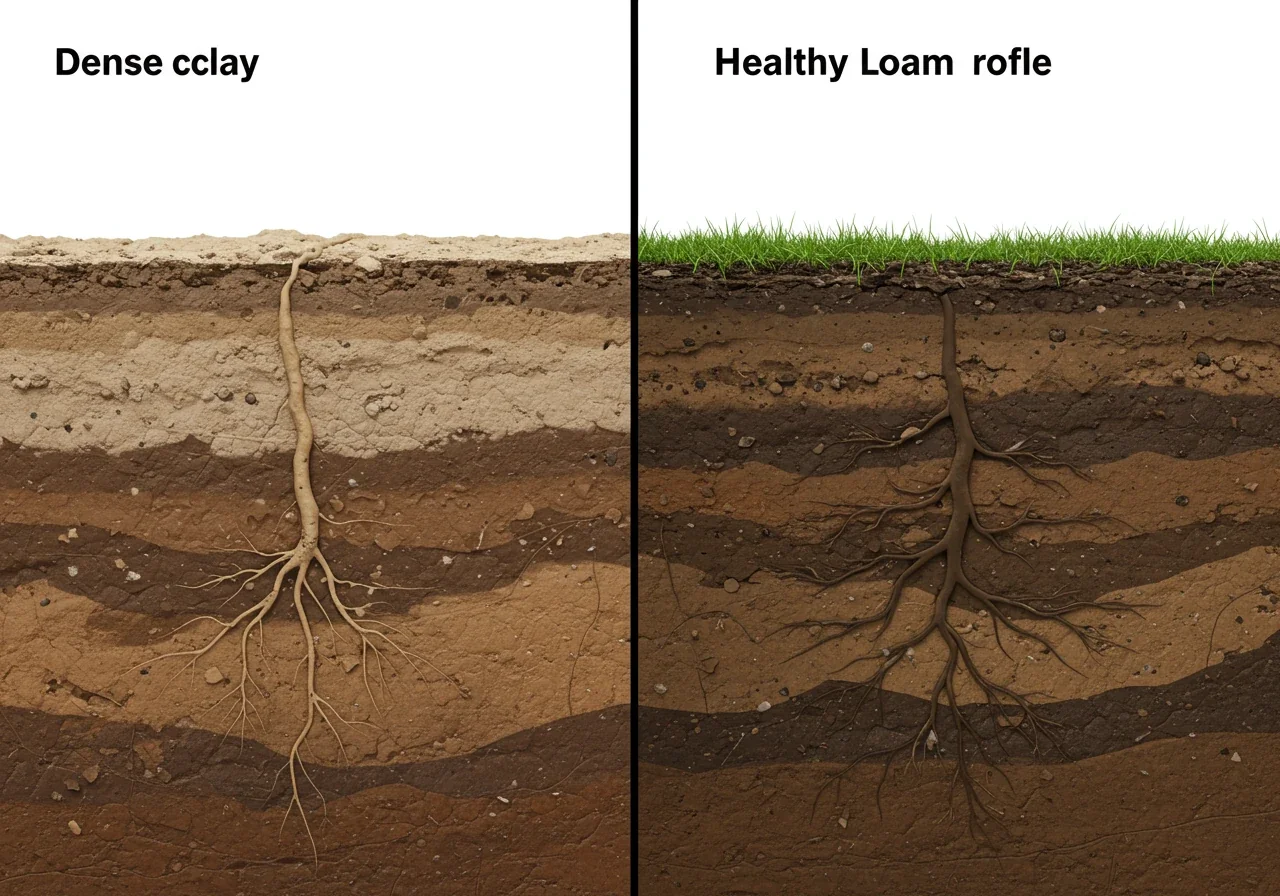 A visual comparison showing two distinct soil profiles side-by-side underground. The left side depicts compacted soil: dense, light-colored, possibly clay-heavy, with very few visible pores and thin, shallow plant roots struggling near the surface. The right side depicts healthy soil: dark brown, loose, crumbly texture with visible air pockets (pores), deep, robust plant roots penetrating easily, and perhaps a single earthworm tunnel visible.