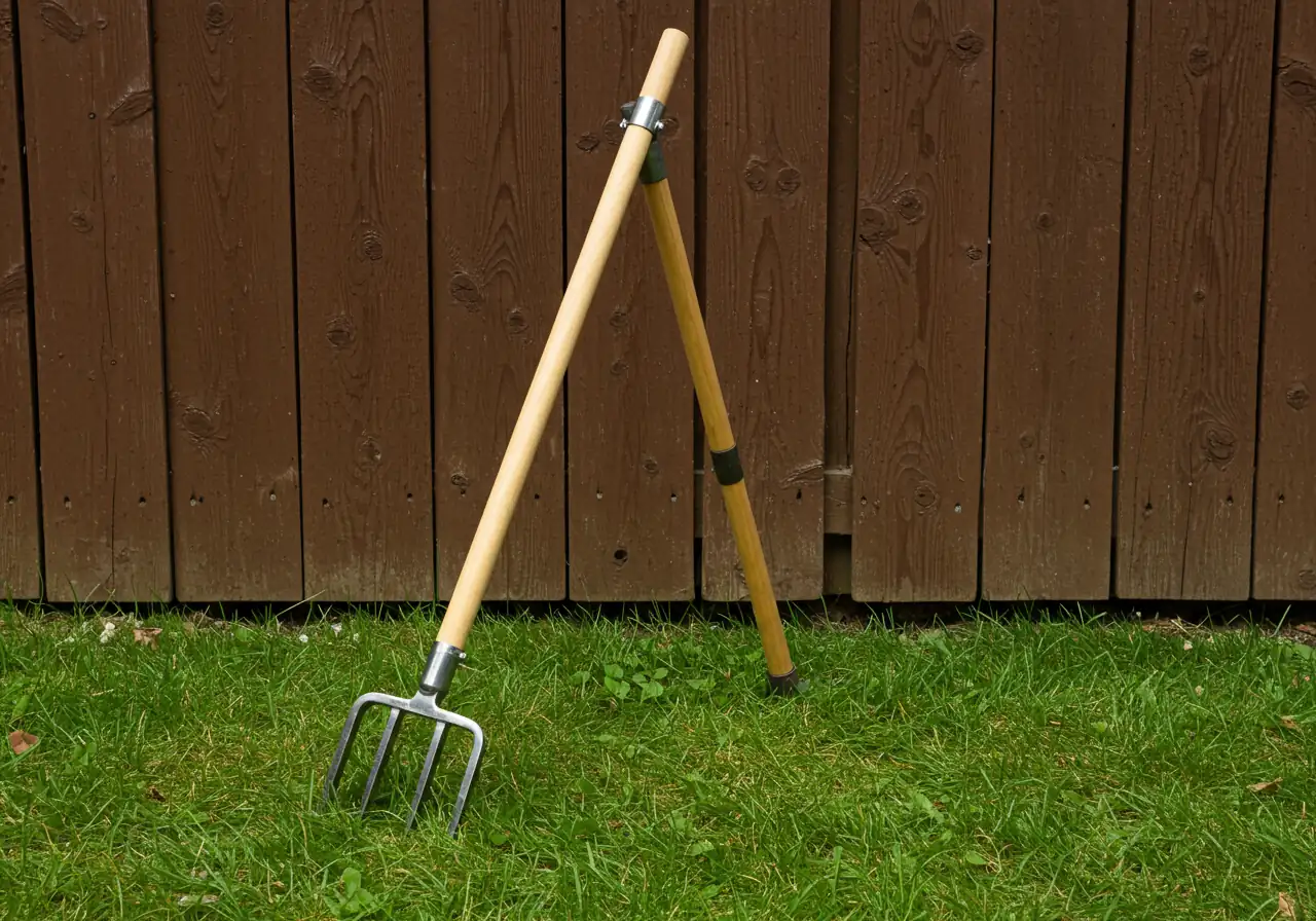 A visually appealing shot showcasing a stand-up weeder tool. The image should focus on the tool standing upright, perhaps leaning gently against a wooden garden shed or fence, with its clawed head resting on green grass. Emphasize the long handle designed to eliminate bending.