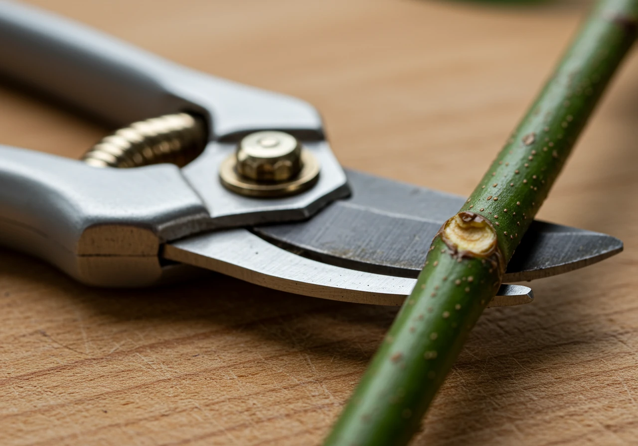 A close-up shot emphasizing proper pruning tools and technique. It should feature a pair of clean, sharp bypass pruning shears resting near a neatly pruned shrub or small tree branch. The focus should be on the clean cut on the branch and the quality of the tool, illustrating the importance of good tools for plant health.