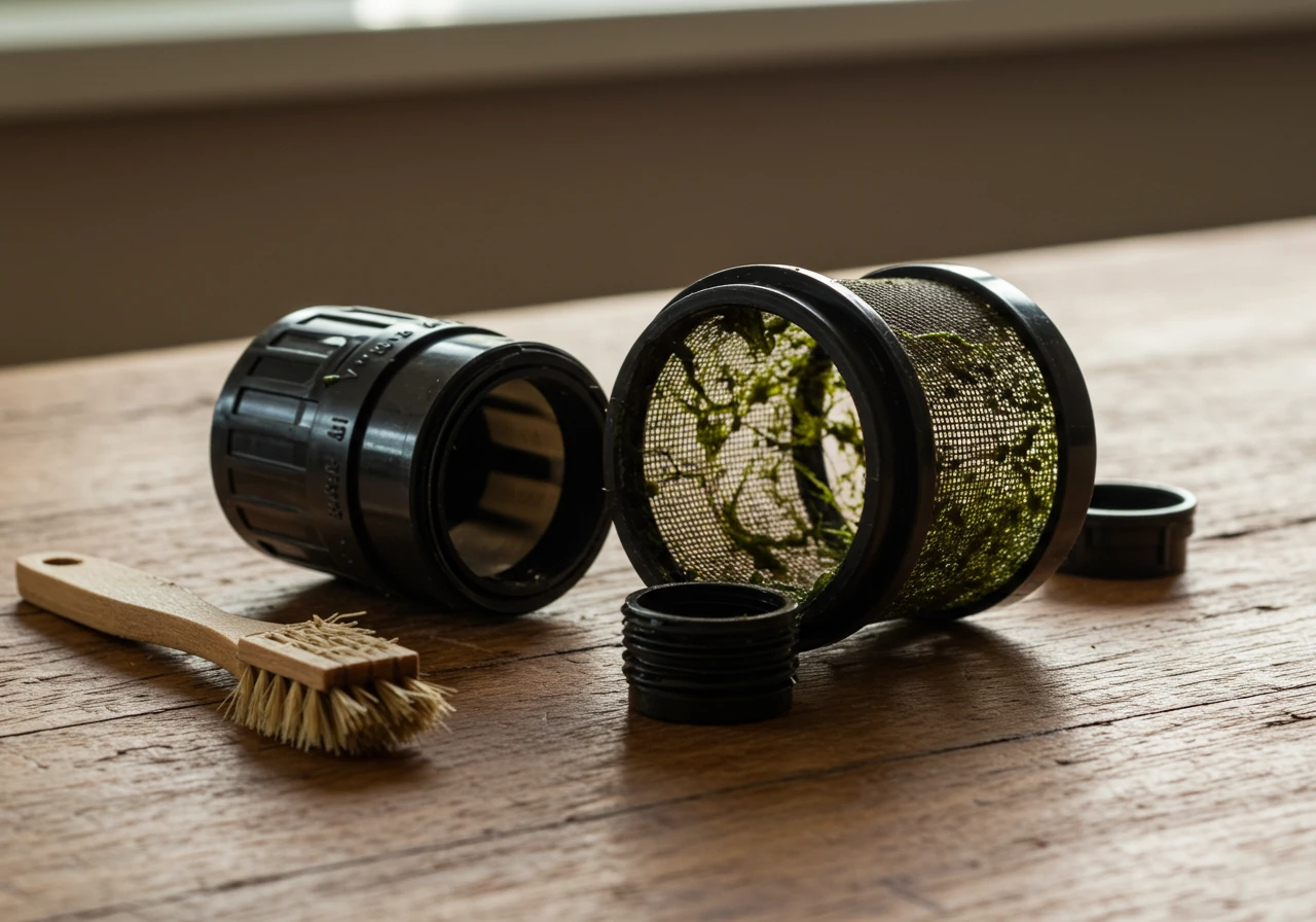 A close-up view of a disassembled inline drip irrigation filter. The dirty mesh filter screen sits beside the clean filter housing on a simple surface, perhaps with a gentle brush nearby (no hands). Highlights the importance of filter cleaning.
