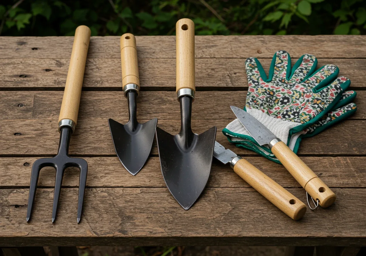 A still-life arrangement of the essential tools needed for dividing perennials, laid out cleanly on a natural surface like a rustic wooden bench or flagstone patio. Showcases a sturdy digging fork, a sharp spade, durable gardening gloves, and perhaps a clean garden knife or hori-hori. The image should convey readiness for the task without depicting any action or people.