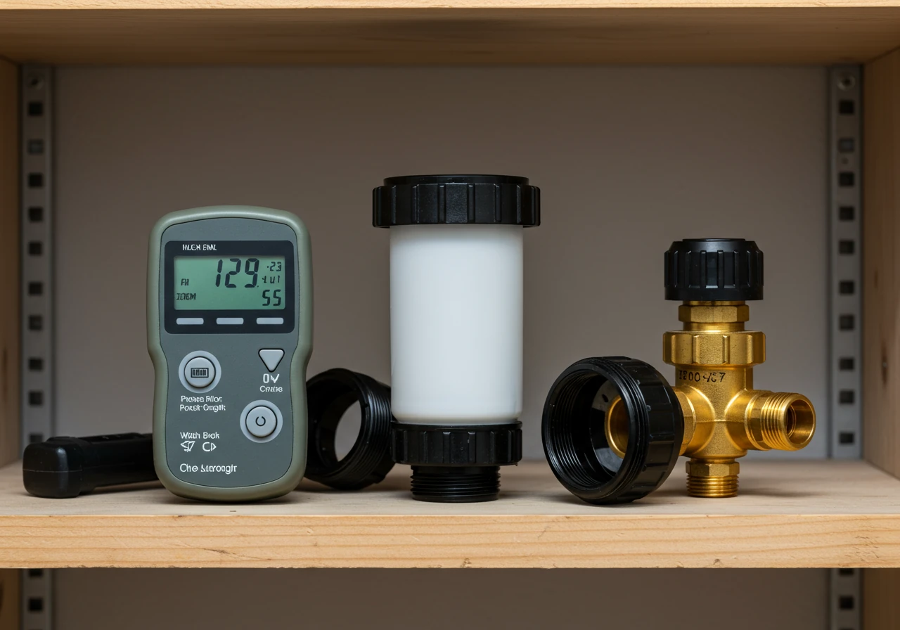 Image showing key irrigation components (timer, filter housing, pressure regulator) neatly stored together indoors on a shelf in a clean, dry basement or garage setting, illustrating proper winter storage.