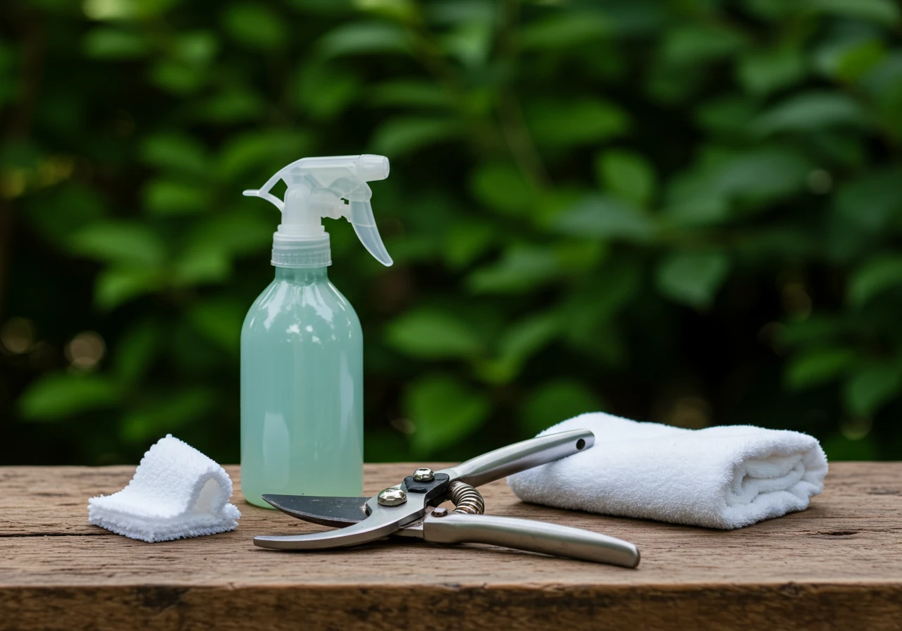 An image focusing on tool hygiene. It should show a pair of clean, well-maintained metal garden pruners resting next to a small, indistinct spray bottle (suggesting disinfectant without showing labels) and a clean cloth on a rustic wooden garden surface or potting bench. The background could be blurred green foliage, emphasizing the clean tools as the subject.