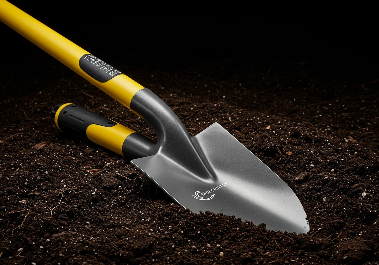 A clean, professional product-style photograph showcasing the key ergonomic features of a modern garden spade designed for tough soil. The image should clearly display the pointed or slightly rounded forged steel blade, a prominent and sturdy foot platform on top of the blade, a durable shaft (perhaps fiberglass), and a comfortable D-shaped handle. The spade could be leaning against a subtly blurred background of soil or greenery.