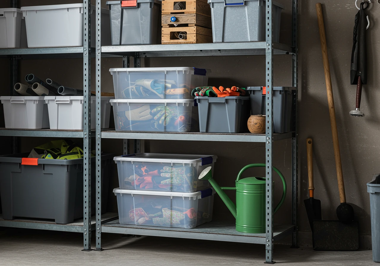 Illustrates the concept of using shelving and bins for containment. Shows a sturdy, perhaps metal or heavy-duty plastic, freestanding shelving unit inside a clean shed or garage. On the shelves are several clear plastic storage bins, neatly arranged, subtly showing contents like colourful gardening gloves, small hand tools, or seed packets (without visible text). A clean watering can or neatly folded landscape fabric might also be on a shelf.