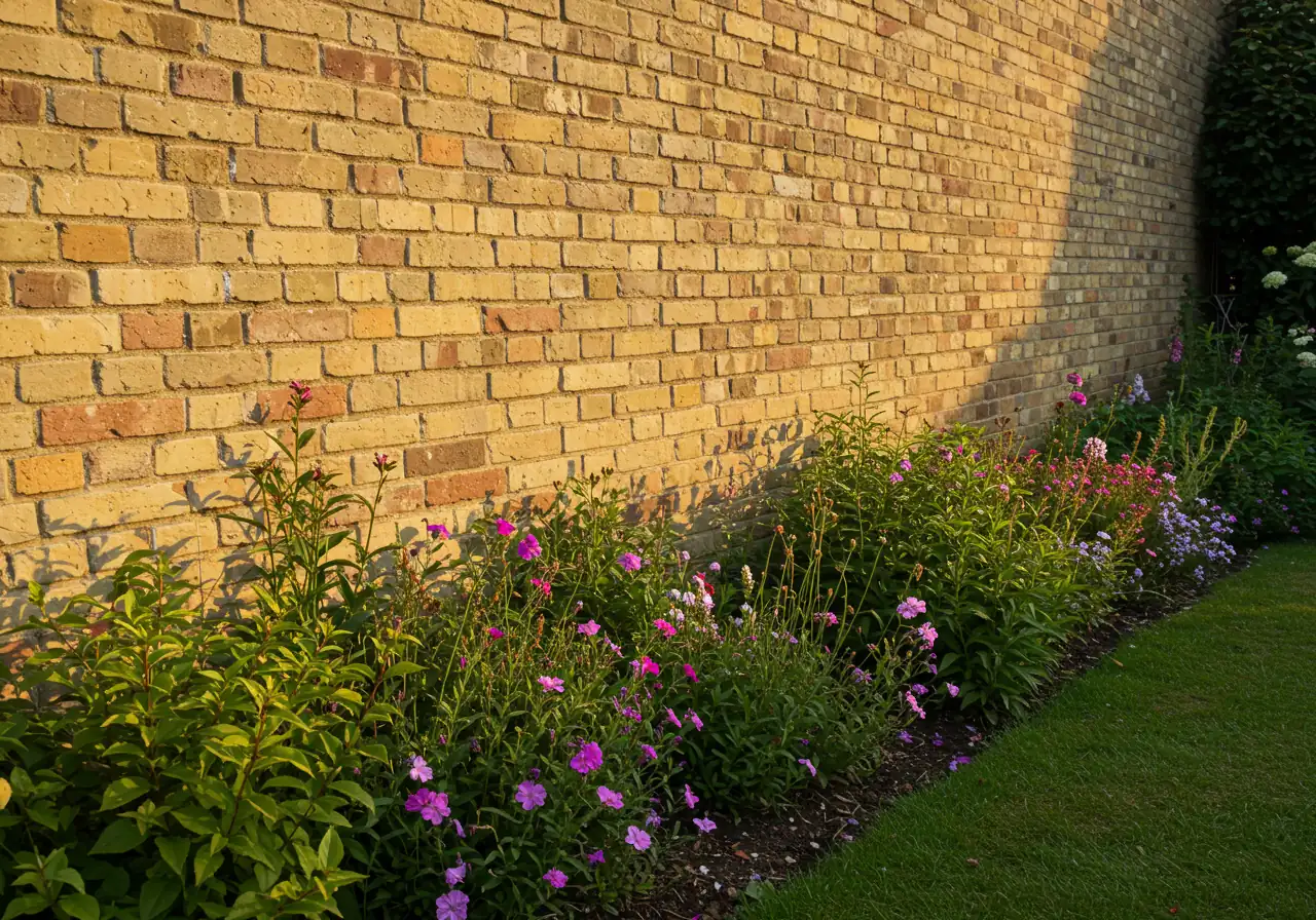 A photograph illustrating the concept of thermal mass. Show a sunlit natural stone patio or a dark brick wall directly adjacent to a garden bed where plants are thriving. The image should convey warmth, perhaps through late afternoon golden light, highlighting how the hardscaping material absorbs and radiates heat to benefit the nearby plants.