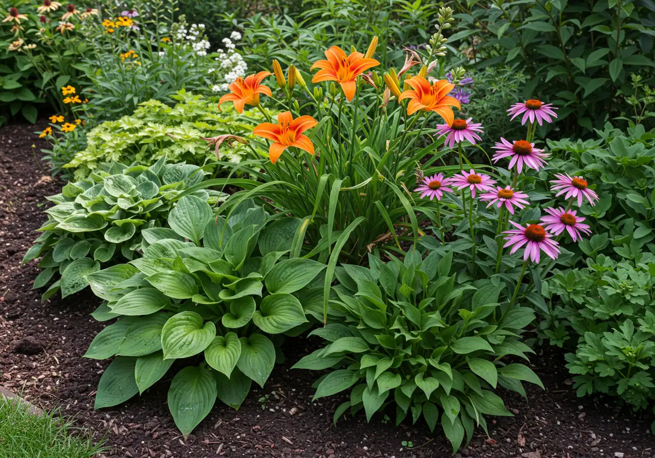 A vibrant garden bed showcasing healthy, thriving plants known to tolerate clay soil, such as hostas, daylilies, or coneflowers. The plants should look lush and green against dark, presumably amended soil.