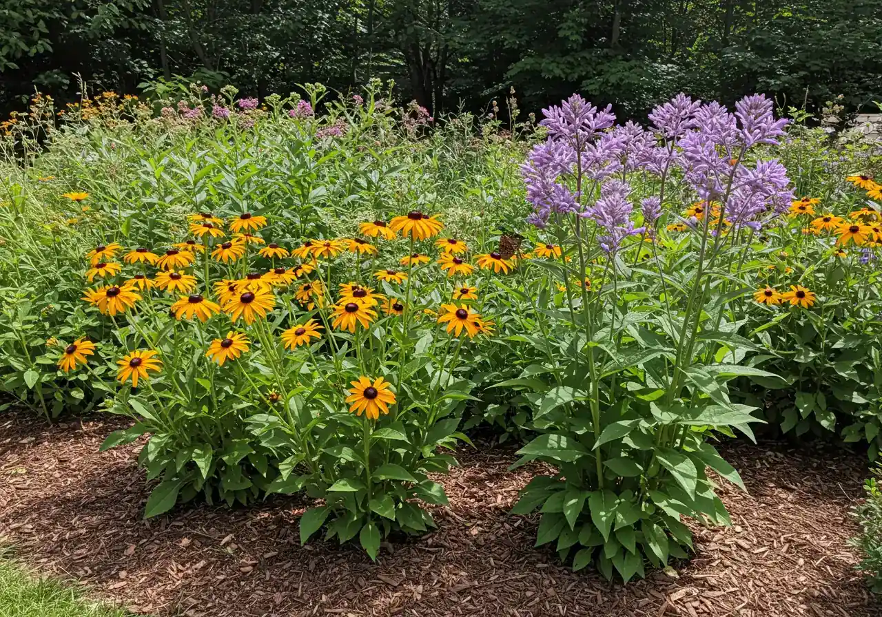 A vibrant, sunlit garden scene showcasing several healthy native plants known to thrive in clay soil blooming together. Features could include the tall pink clusters of Joe Pye Weed, the bright yellow of Black-Eyed Susans, and perhaps the graceful form of Canada Wild Rye grass. A painted lady butterfly or a bee actively visiting one of the flowers.