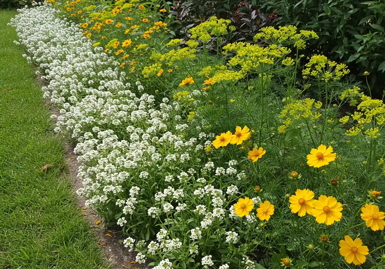 A colourful garden scene showcasing a variety of flowers known to attract adult lacewings, such as sweet alyssum, flowering dill, or coreopsis. This visual will exemplify the types of plantings recommended in the section.