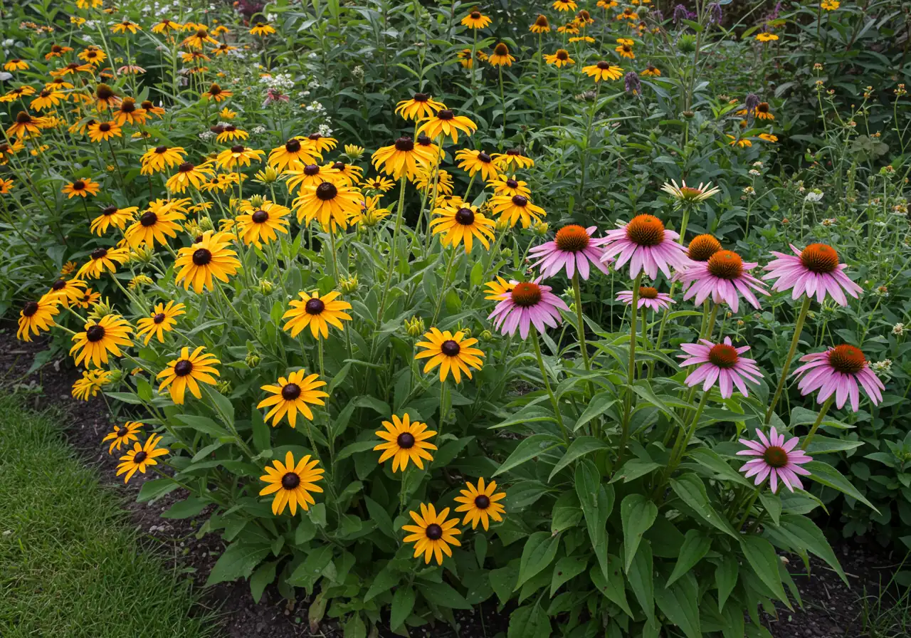 A vibrant garden scene showcasing healthy examples of plants mentioned as clay-tolerant thriving together. Include Rudbeckia (Black-eyed Susan) with its yellow petals and dark centers, and Echinacea (Coneflower) with its distinctive purple petals, in full bloom against green foliage.