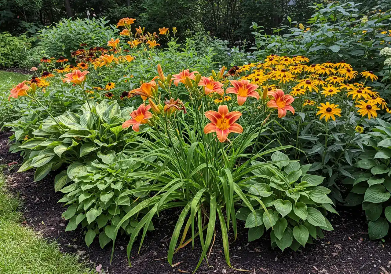 A vibrant image showcasing a thriving garden bed featuring several of the mentioned clay-tolerant plants. For example, it could display a mix of blooming Daylilies (Hemerocallis), lush Hostas in varied leaf colors, and cheerful Black-Eyed Susans (Rudbeckia) growing healthily together, demonstrating beauty achievable in challenging soil.