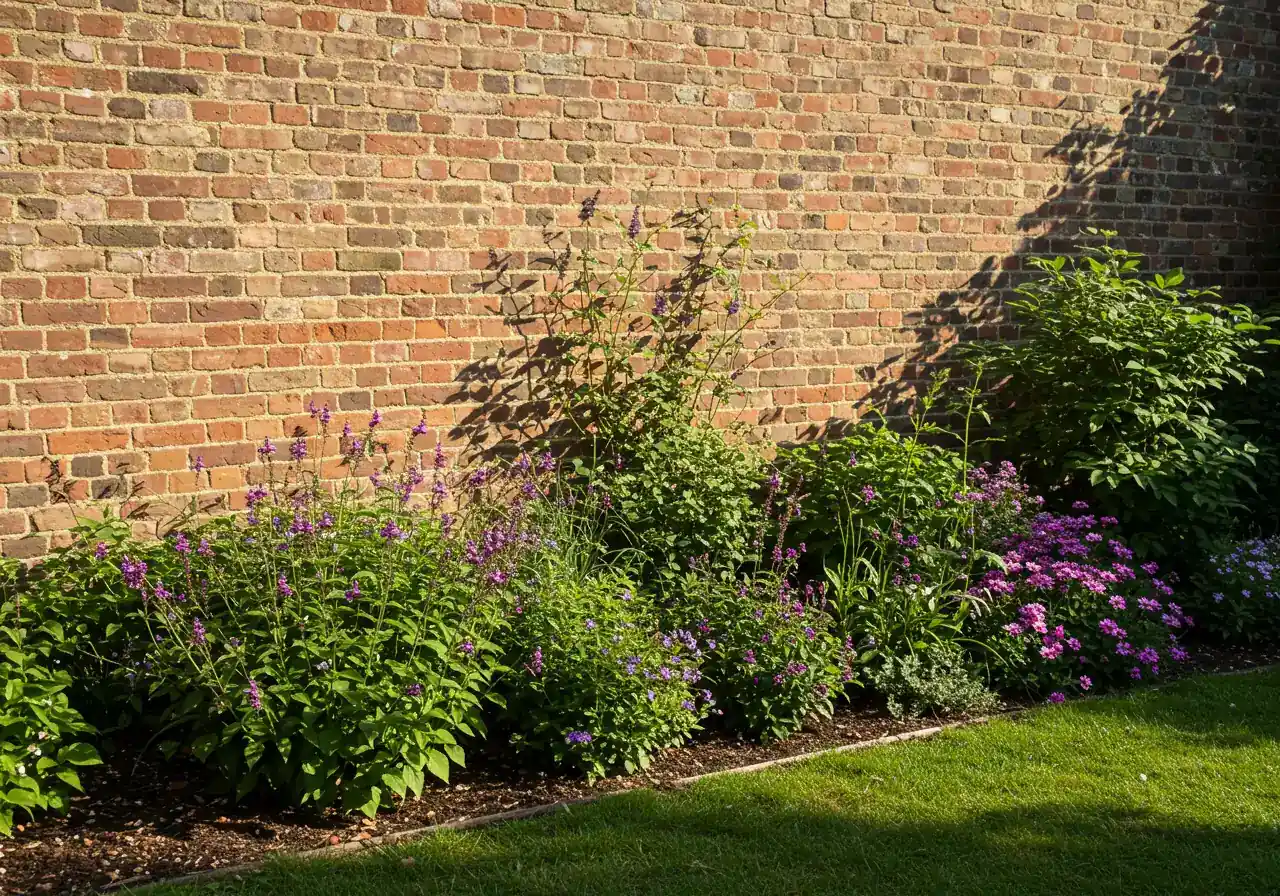 A visual example of a natural warm zone: a sun-drenched garden bed situated against a south-facing brick wall, showcasing healthy plants thriving in the reflected heat.