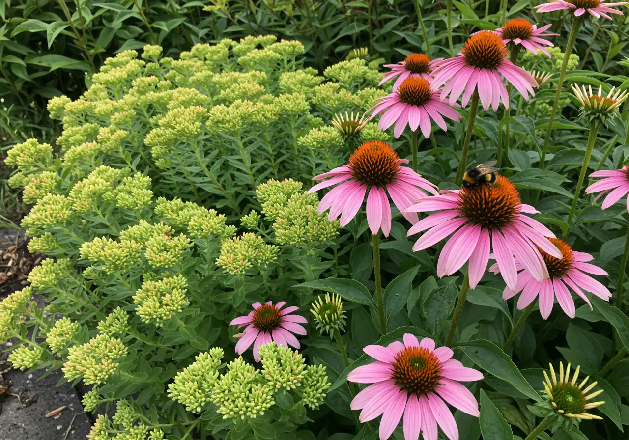 A vibrant photograph showcasing some of the recommended summer-tough plants thriving in a sunny garden setting. The image should feature healthy Coneflowers (Echinacea) with prominent pink or purple petals and central cones, alongside the fleshy foliage and budding flower heads of Sedum 'Autumn Joy'. Include a pollinator like a bee on one of the flowers to subtly reinforce the ecological aspect.
