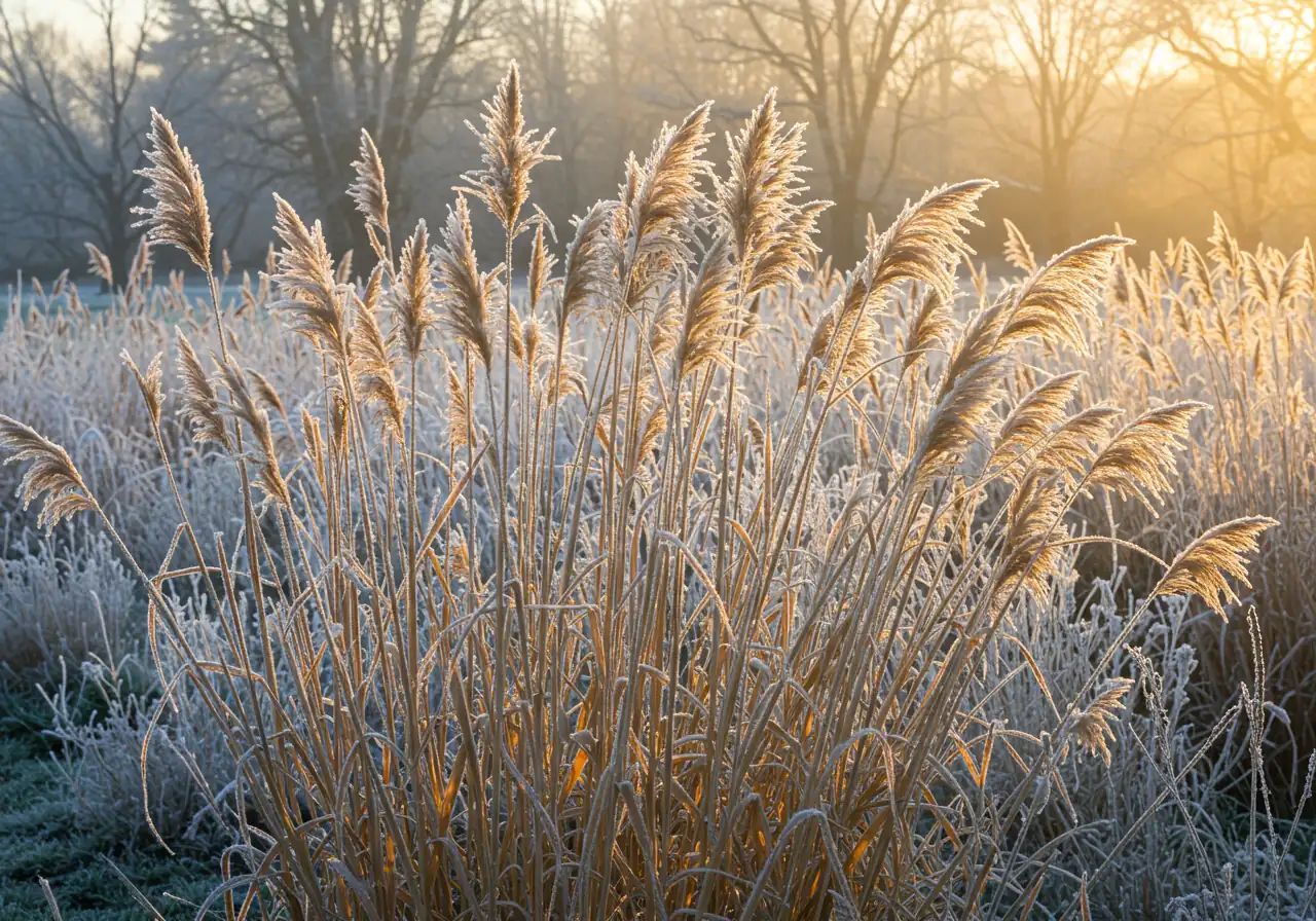 An image showcasing the 'Wonderful Winter Interest' mentioned. It should depict ornamental grasses covered in frost, standing out beautifully in a dormant winter garden landscape, visually reinforcing the benefit of leaving grasses unpruned through winter.
