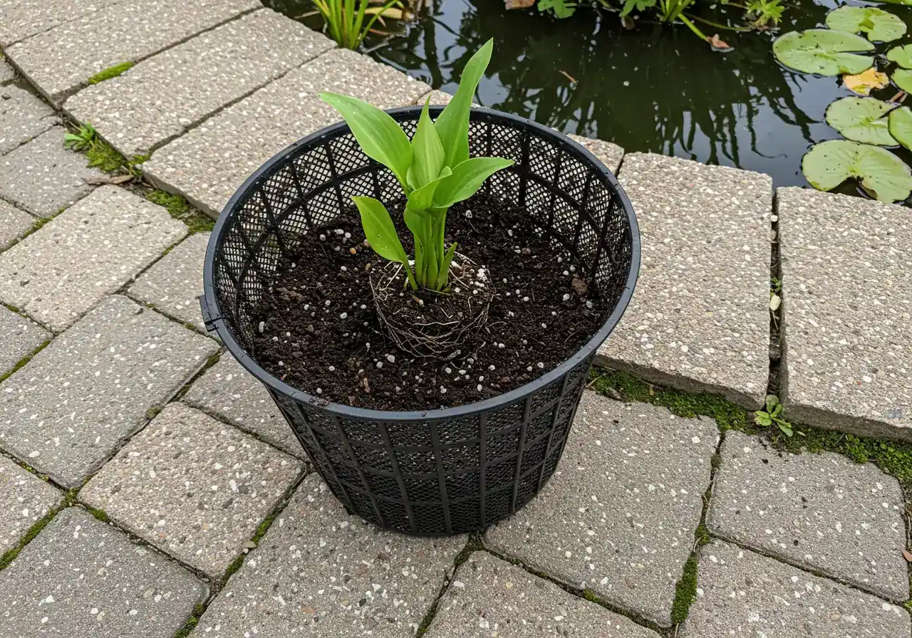 An illustrative photograph showing the correct way to prepare an aquatic plant for planting. It features a black aquatic planting basket filled with dark, heavy loam soil, a young marginal plant positioned correctly with its crown at soil level, and a neat top layer of small river gravel covering the soil.