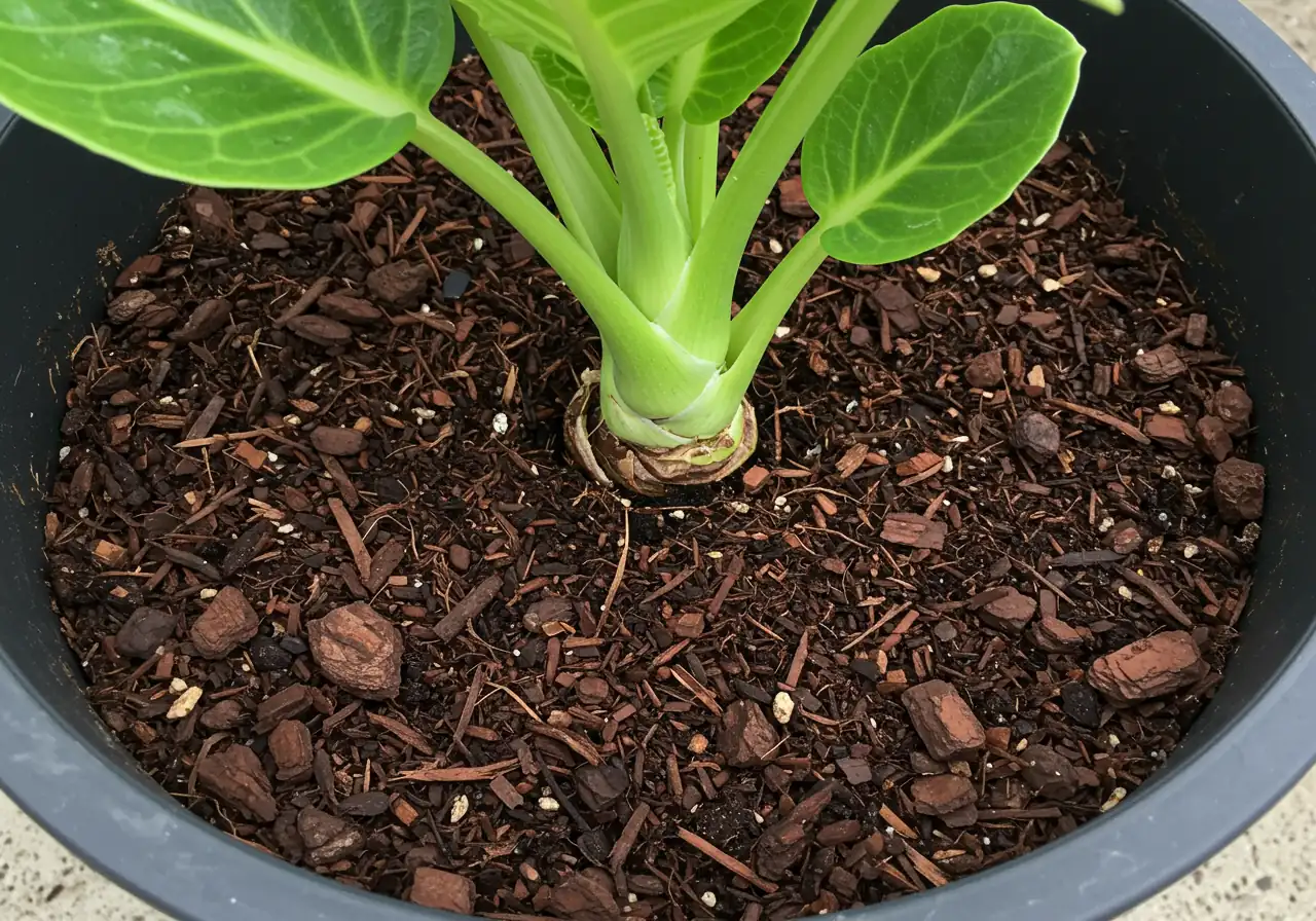 A close-up, top-down view into a container plant, clearly showing a layer of organic mulch (like shredded bark or wood chips) covering the soil surface around the base of the plant stem. This visually demonstrates the mulching technique discussed for moisture retention.