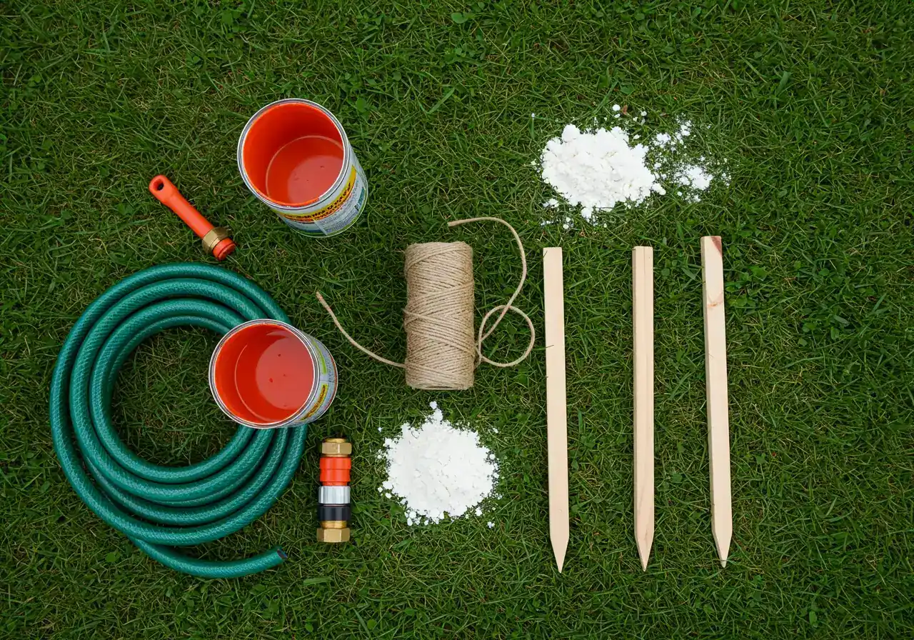 An overhead flat lay composition showcasing various tools used for marking garden beds, arranged neatly on a patch of healthy green grass. Include: an upside-down can of vibrant orange or white landscape marking paint, a coiled section of a standard green garden hose, a ball of natural twine next to three small wooden garden stakes, and a small, distinct pile of white flour. Natural, even lighting.