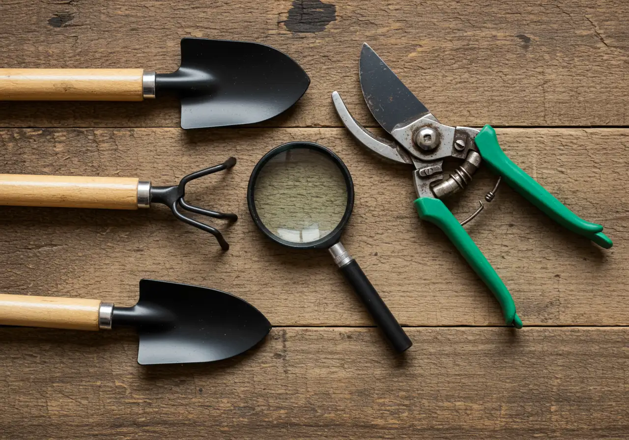 A flat lay composition showcasing the essential garden checkup tools mentioned. Include a clean, slightly weathered hand trowel, sharp metal pruning snips, and a classic magnifying glass arranged artfully on a natural surface like aged wood planks or slate stone. The lighting should be soft and natural, highlighting the textures of the tools and the surface.