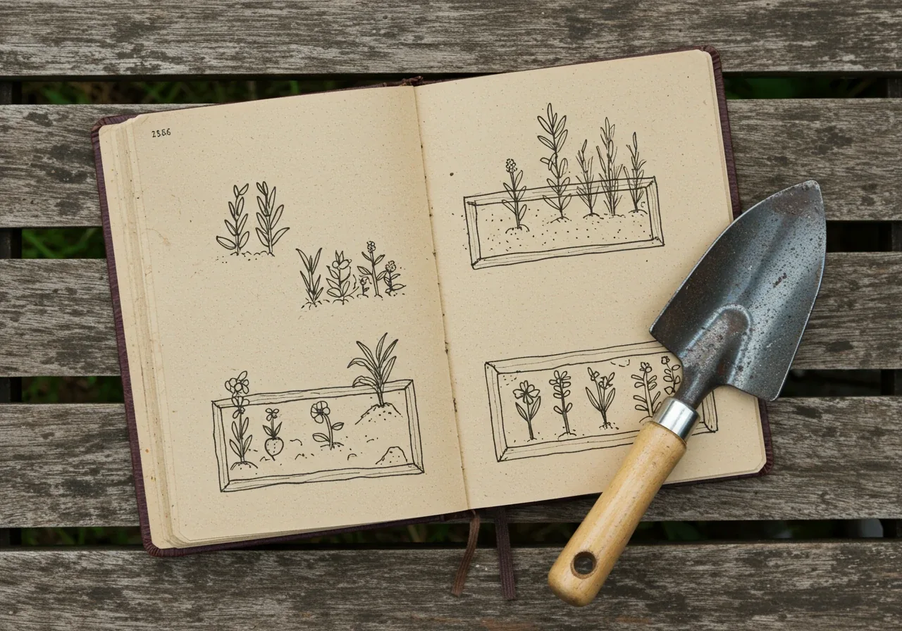 An aesthetically pleasing image showing an open gardening notebook lying on a rustic wooden table or garden bench. The notebook page visible shows simple, hand-drawn squares representing garden beds with non-legible scribbles or basic plant icons, suggesting a plan. Alongside the notebook could be a few clean gardening hand tools like a trowel or cultivator, and perhaps a few stray soil crumbs.