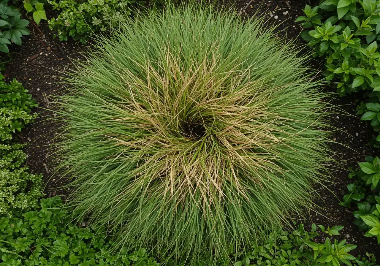 A clear visual example of center die-out in a mature ornamental grass clump. The image should show a distinct ring of healthy green growth around the edges, contrasting sharply with a sparse, brown, or even bare patch in the very center of the clump. This helps readers immediately visualize the problem being discussed.