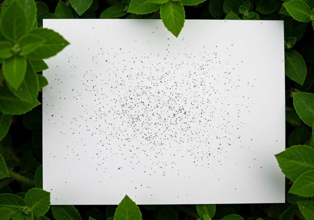 Illustrating the 'White Paper Test': A top-down view of a sheet of white paper held under a plant branch, showing tiny dark specks (representing spider mites) scattered on the paper after shaking the foliage.