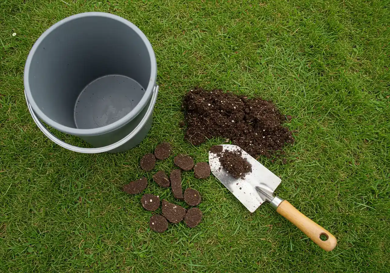 An image depicting the tools and result of collecting multiple soil samples for testing. It shows a clean plastic bucket and a garden trowel resting on a lawn, next to several small plugs or slices of soil removed from different spots, ready to be combined for a composite sample.