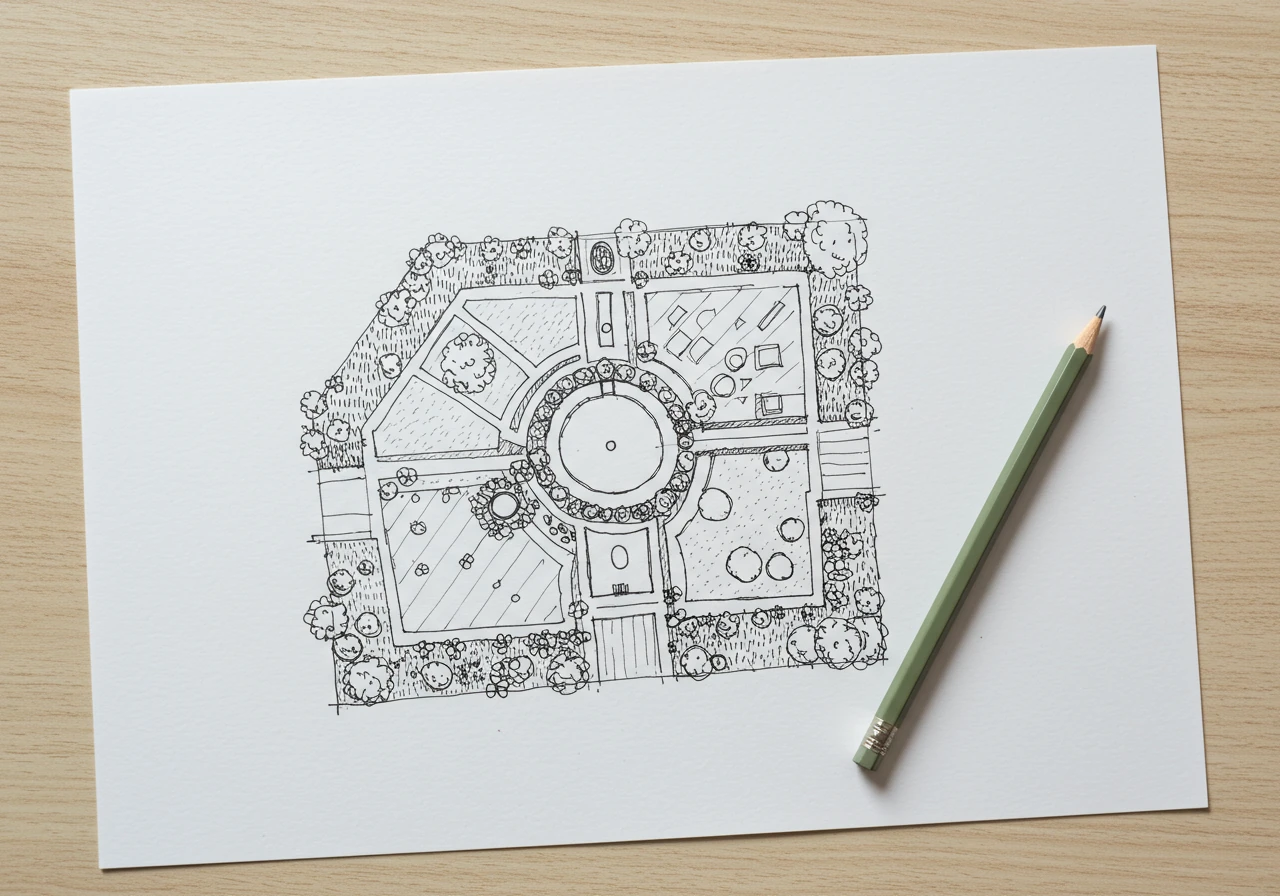 A top-down view of a simple, hand-drawn garden map sketch on a sheet of paper. The map uses basic lines and shapes to represent different garden beds and features (like a tree symbol or path), without legible text labels. A pencil rests beside the paper on a clean wooden surface, illustrating the planning aspect.
