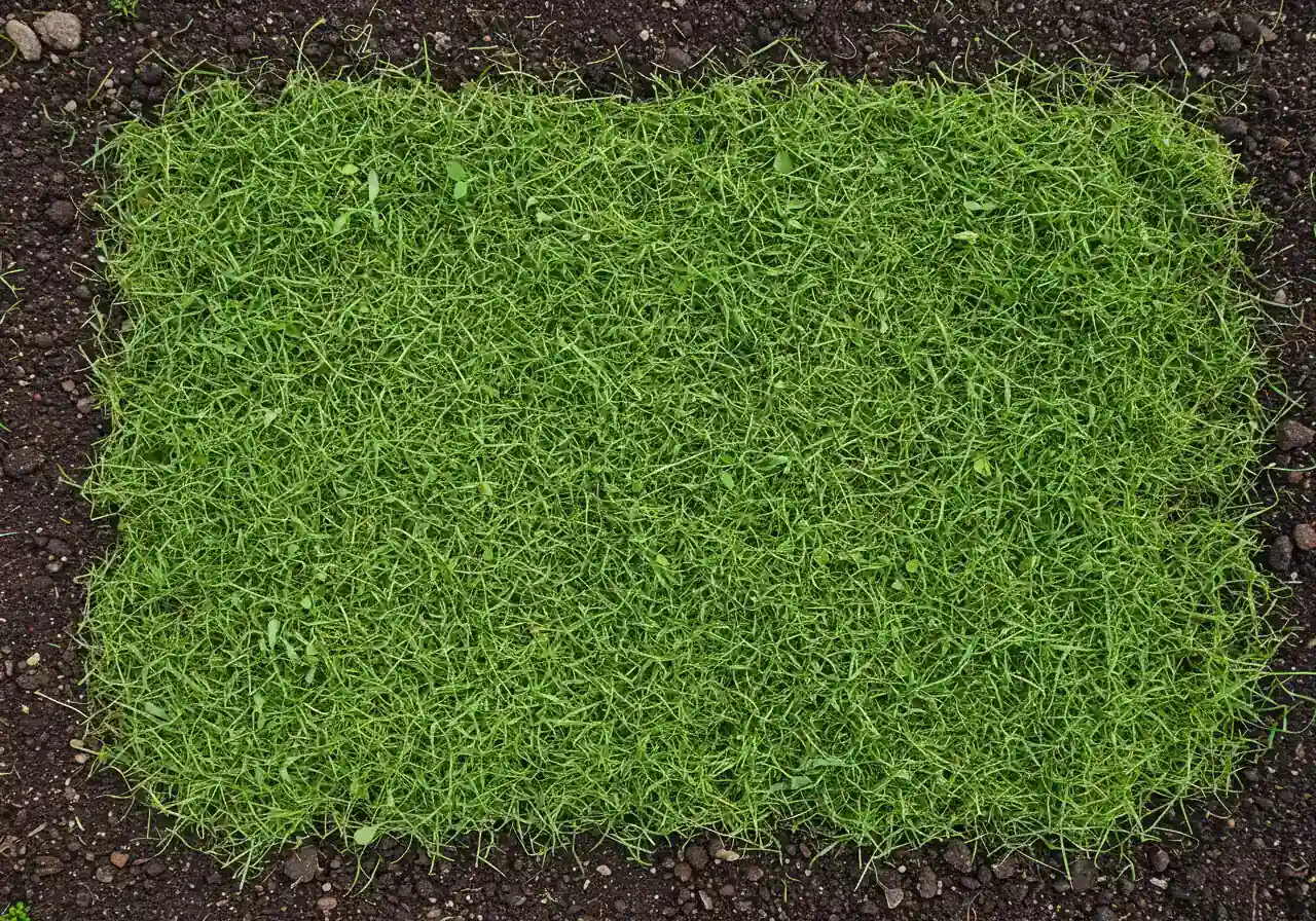 A top-down view photograph of a garden bed where the cover crop (e.g., rye or clover) has been cut down and left uniformly spread on the soil surface, acting as a natural mulch layer before spring planting.