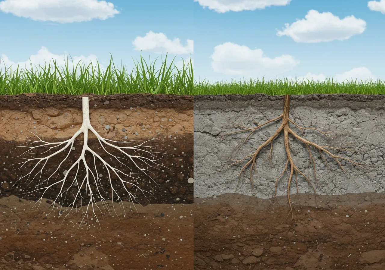 An underground cross-section view illustrating the difference between healthy and struggling root systems in clay. On one side, vibrant, white, fibrous roots spread easily through pockets of improved, darker soil mixed within the clay. On the other side, thin, sparse, possibly brownish roots are shown constricted and unable to penetrate the dense, pale, compacted clay structure.