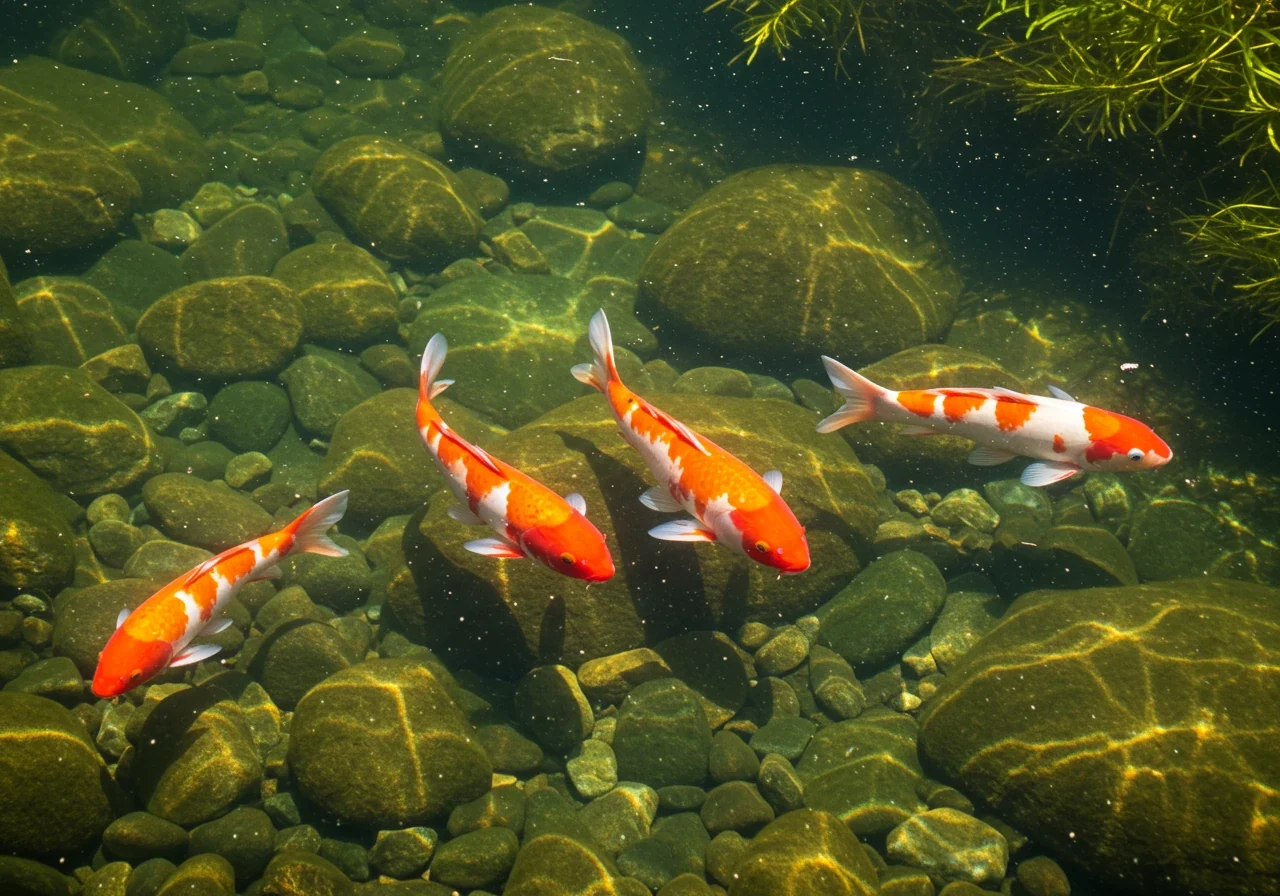 An underwater or clear surface view showcasing several healthy, colourful pond fish (like Koi or Goldfish) swimming actively in a clean, clear pond environment. The water clarity should be high, allowing visibility of the fish, smooth rocks on the bottom, and perhaps some aquatic plants in the background.