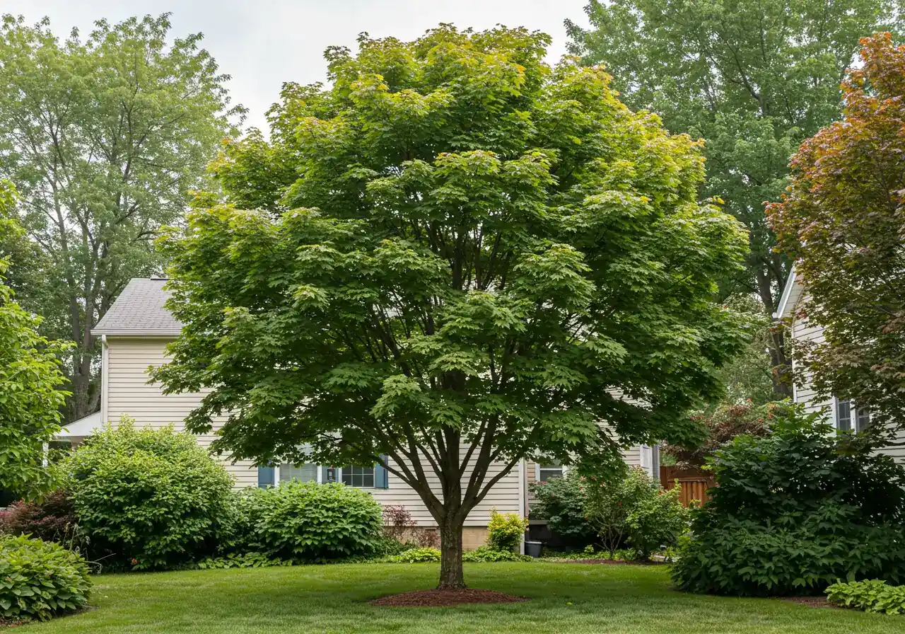 A wide, appealing photograph showcasing a majestic and perfectly healthy Metcalfe maple tree thriving in a well-maintained residential garden setting during summer. The tree's canopy is full, lush, and a uniform, vibrant dark green, symbolizing successful growth and health. The image conveys vitality and the positive outcome of proper care, set against a pleasant backdrop like a green lawn or clear sky.